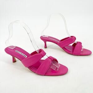 Manolo Blahnik Pallera Pink Leather 50mm Two Band Knotted Mule Slide size IT 38